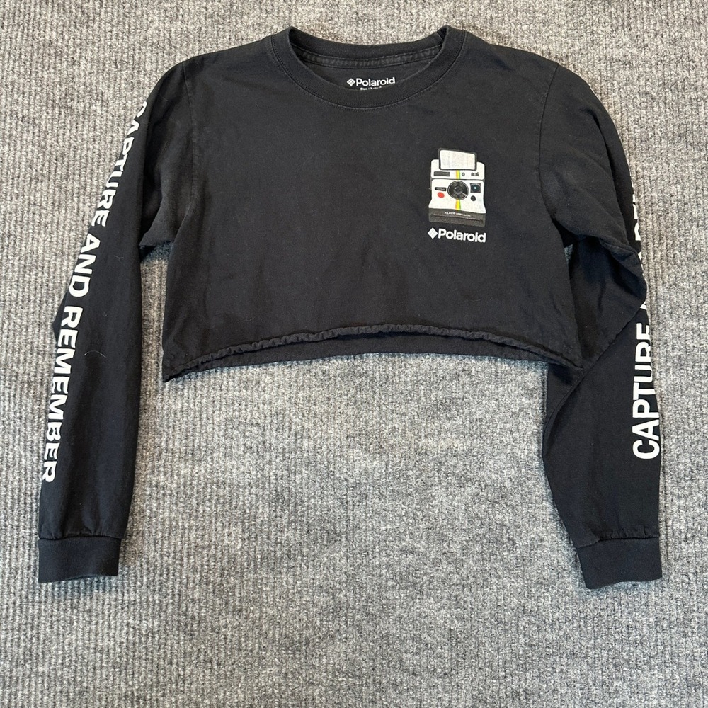 Polaroid‎ Graphic Crop Top T-Shirt Small Black Long Sleeve Cotton Raw Hem